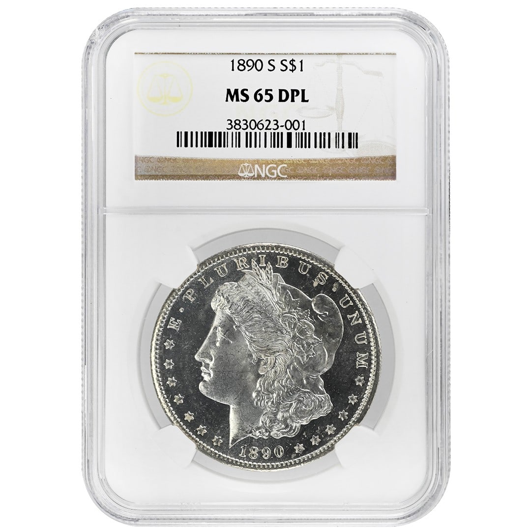 NGC MS65DPL 1890-S Silver Morgan Dollar San Francisco Mint: NGC MS65DPL 1890-S Silver Morgan Dollar San Francisco Mint This is an un-used 1890-S Morgan Dollar graded MS65 Deep Proof-Like (DPL) by NGC. Struck at the San Francisco Mint, this rare silver coin fea