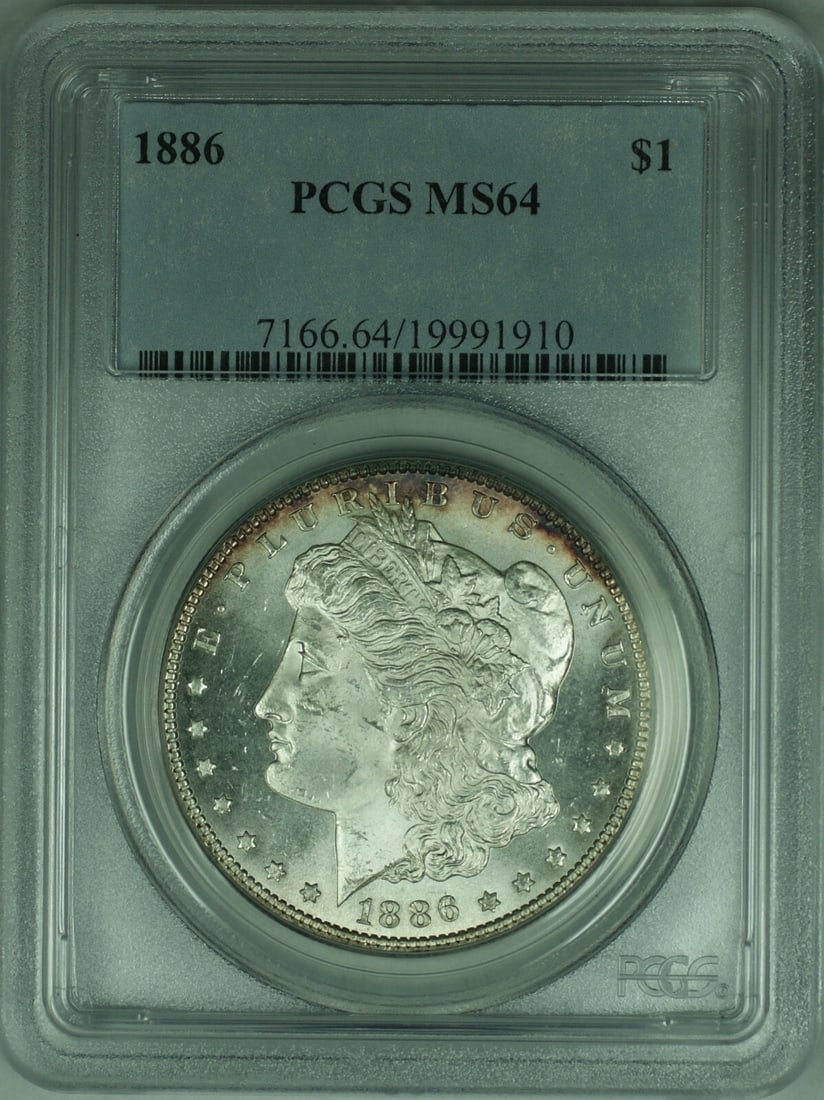 PCGS MS64 1886 Morgan Silver Dollar Semi Proof-Like Philadelphia $1 Coin: PCGS MS64 1886 Morgan Silver Dollar Semi Proof-Like Philadelphia $1 Coin This 1886 Morgan Silver Dollar coin features semi proof-like surfaces and is graded MS64 by PCGS. Minted in Philadelphia, it is