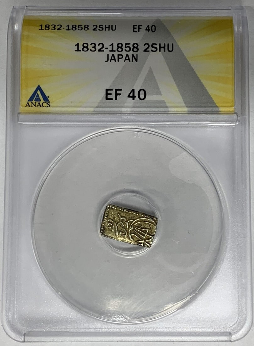 Japanese 2 Shu 1858 Coin Graded XF 40 by ANACS: Japanese 2 Shu 1858 Coin Graded XF 40 by ANACS This 2 Shu coin from Japan dates between 1832 and 1858 and is certified by ANACS with a grade of XF 40. The coin is pre-owned and represents a historical