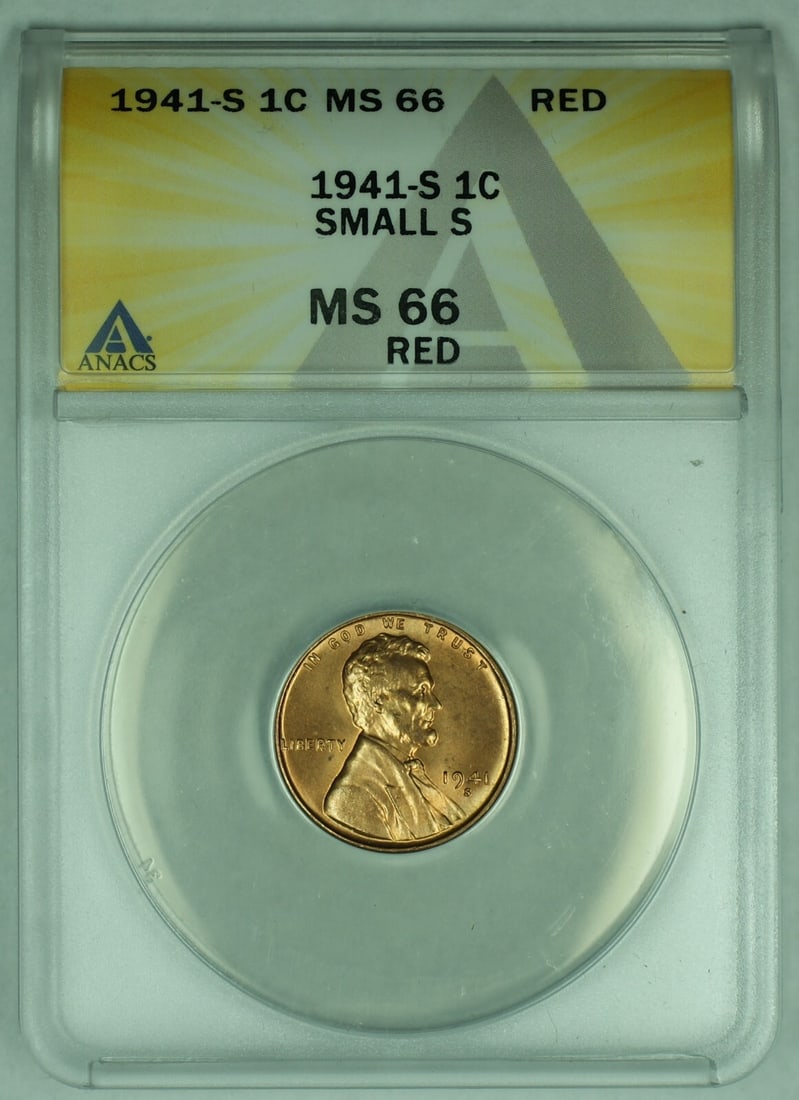 ANACS MS 66 RD 1941-S Small S Lincoln Wheat Cent One Cent Coin: ANACS MS 66 RD 1941-S Small S Lincoln Wheat Cent One Cent Coin This is a 1941-S Small s Lincoln Wheat Cent 1C coin, certified by ANACS with a grade of MS 66 RD. The coin is uncirculated and features t