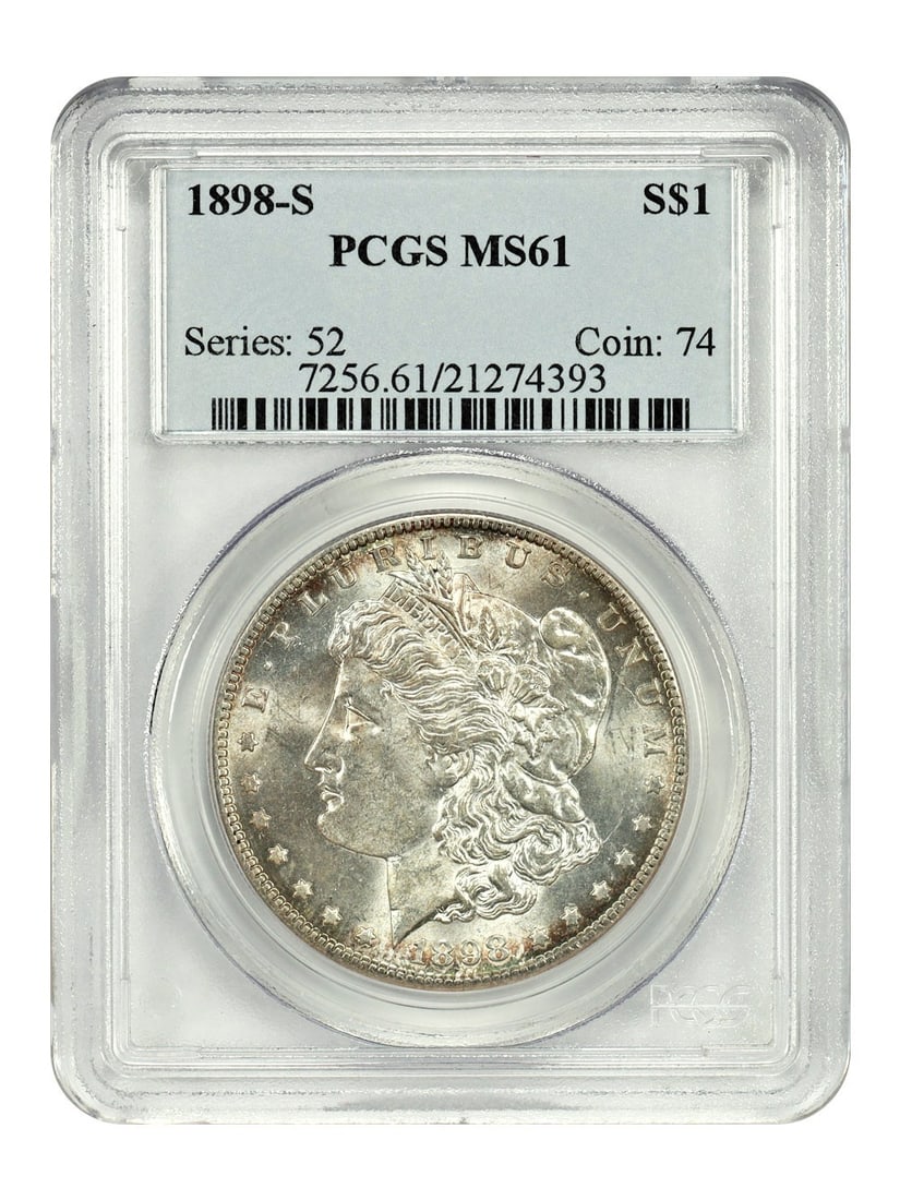 San Francisco 1898 Morgan Silver Dollar PCGS Graded MS61 $1 Coin: San Francisco 1898 Morgan Silver Dollar PCGS Graded MS61 $1 Coin This is an 1898-S Morgan Dollar graded MS61 by PCGS. The coin is uncirculated and was minted in San Francisco. There is some chipping n