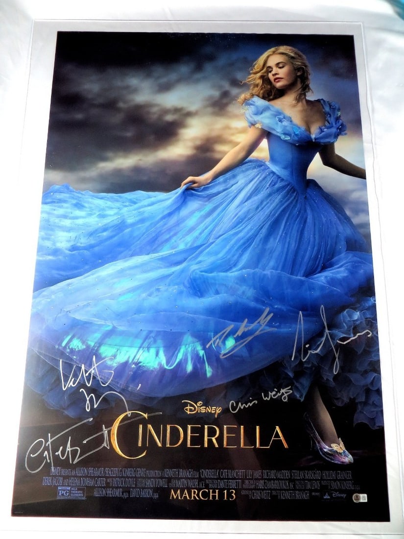 Cinderella Cast Signed 27X40 Poster Beckett Authenticated: Cinderella Cast Signed 27X40 Poster Beckett Authenticated This stunning 27" x 40" poster features the cast of Cinderella, autographed by key figures including Lily James, Cate Blanchett, Kenneth Brana