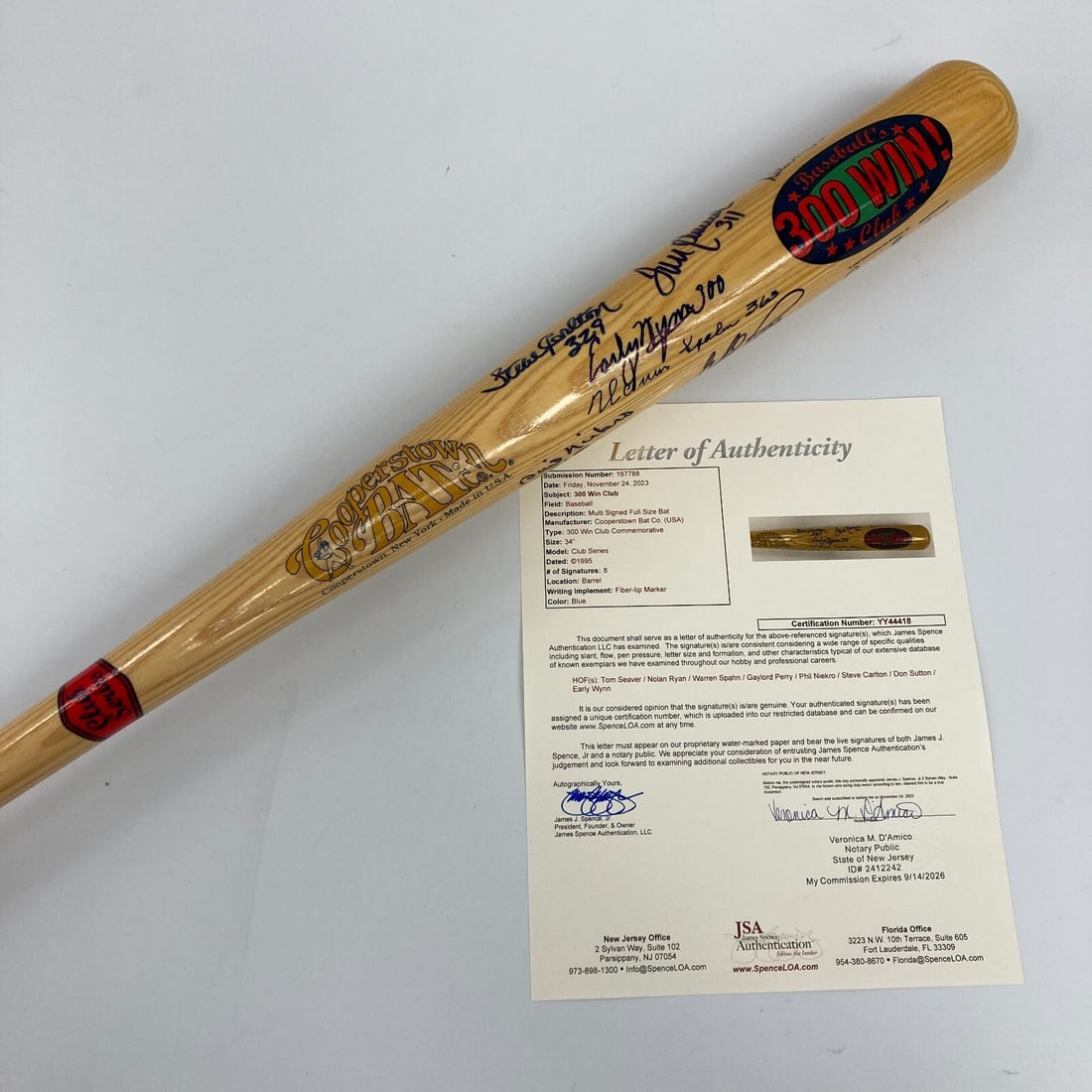 300 Win Club Signed Baseball Bat by Nolan Ryan Tom Seaver JSA COA: 300 Win Club Signed Baseball Bat by Nolan Ryan Tom Seaver JSA COA This is a commemorative "300 Win Club" baseball bat manufactured by the Cooperstown Bat Company. It features the signatures of eight l