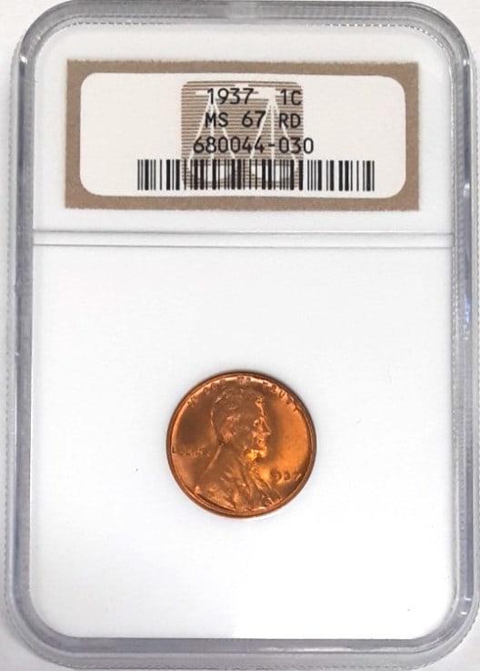 1937 Lincoln Wheat Cent NGC MS-67 Red Philadelphia Bronze Uncirculated Coin: 1937 Lincoln Wheat Cent NGC MS-67 Red Philadelphia Bronze Uncirculated Coin This 1937 Lincoln Wheat Cent is graded MS-67 Red by NGC, signifying a high-quality, uncirculated example. Struck in bronze a