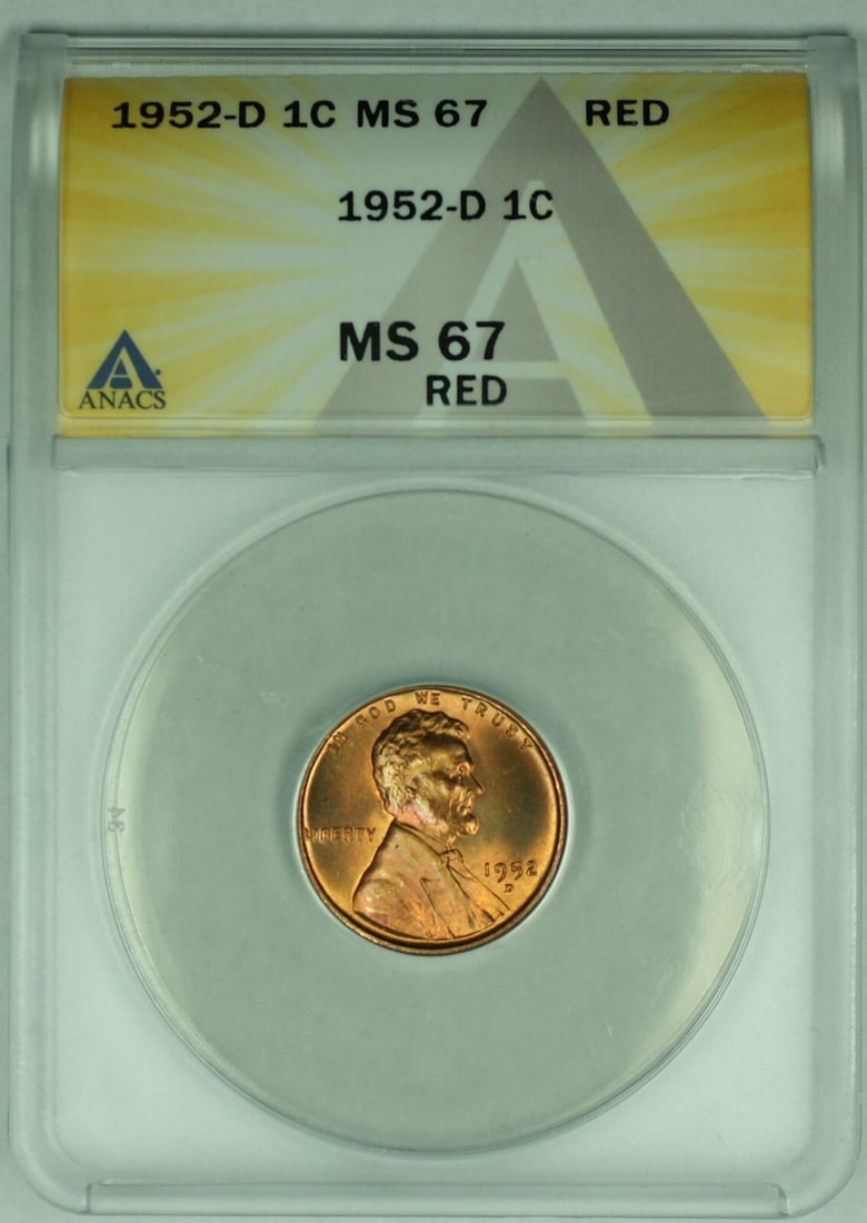 ANACS MS 67 RD 1952-D Lincoln Wheat Cent Small Cent Uncirculated: ANACS MS 67 RD 1952-D Lincoln Wheat Cent Small Cent Uncirculated This is a 1952-D Lincoln Wheat Cent 1C coin from the United States, certified by ANACS with a grade of MS 67 RD. The coin is uncirculat
