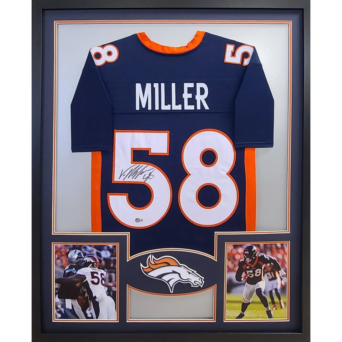 Von Miller Signed Framed Jersey Denver Broncos Beckett Authenticated: Von Miller Signed Framed Jersey Denver Broncos Beckett Authenticated This item features a beautifully framed autographed jersey of Von Miller, a star player for the Denver Broncos. Authenticated by Be