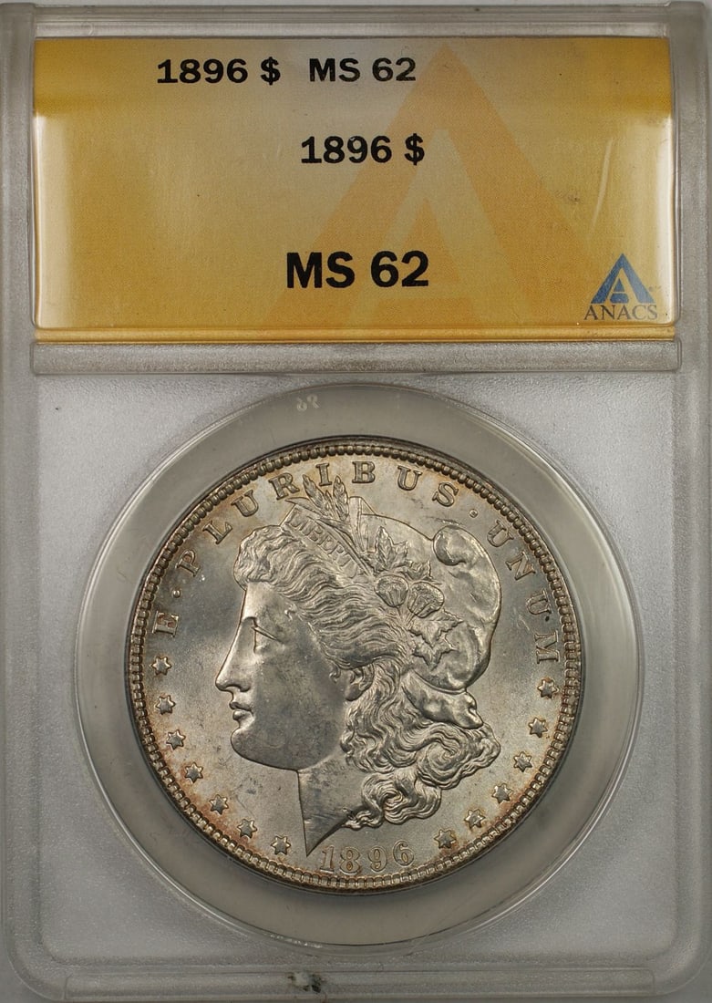 ANACS MS-62 1896 Morgan Dollar Silver Coin from Philadelphia Mint: ANACS MS-62 1896 Morgan Dollar Silver Coin from Philadelphia Mint This 1896 Morgan Silver Dollar coin is certified by ANACS with a grade of MS-62, indicating its uncirculated and superior quality. Min
