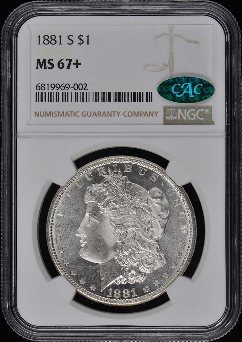 1881-S Morgan Dollar NGC MS67+ CAC San Francisco Coin: 1881-S Morgan Dollar NGC MS67+ CAC San Francisco Coin This 1881-S Morgan Dollar is certified by NGC with a high grade of MS67+, indicating its exceptional quality. Minted in San Francisco, this uncirc