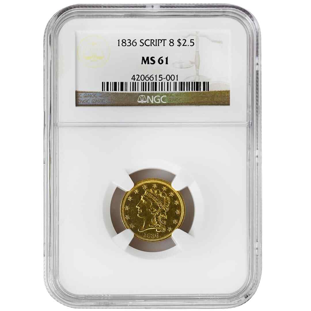 NGC MS61 1836 Gold $2.50 Classic Head Script 8 Philadelphia Coin: NGC MS61 1836 Gold $2.50 Classic Head Script 8 Philadelphia Coin This is an 1836 $2.50 Classic Head gold coin, certified by NGC with a grade of MS61. The coin features the Script 8 variety, as indicat