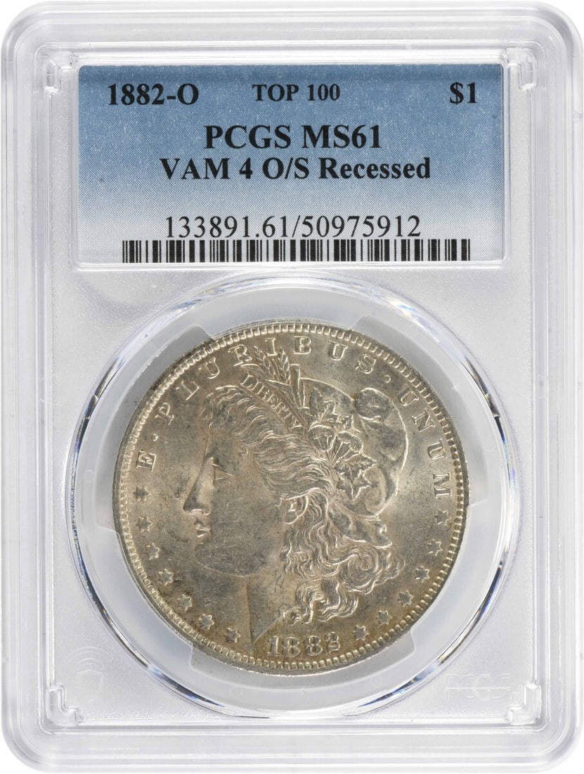 1882-O Morgan Silver Dollar VAM 4 O/S MS61 PCGS Certified: 1882-O Morgan Silver Dollar VAM 4 O/S MS61 PCGS Certified This 1882-O Morgan Silver Dollar features a VAM 4 O/S Recessed designation and is graded MS61 by PCGS, indicating its uncirculated condition.