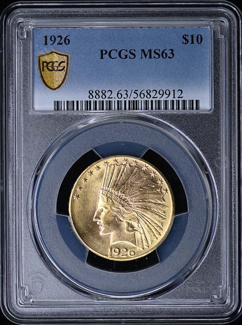PCGS MS63 1926 Indian Head Ten Dollar Gold Coin: PCGS MS63 1926 Indian Head Ten Dollar Gold Coin This 1926 $10 Indian Head gold coin is certified by PCGS with a grade of MS63, indicating an uncirculated condition. Minted in Philadelphia, it features