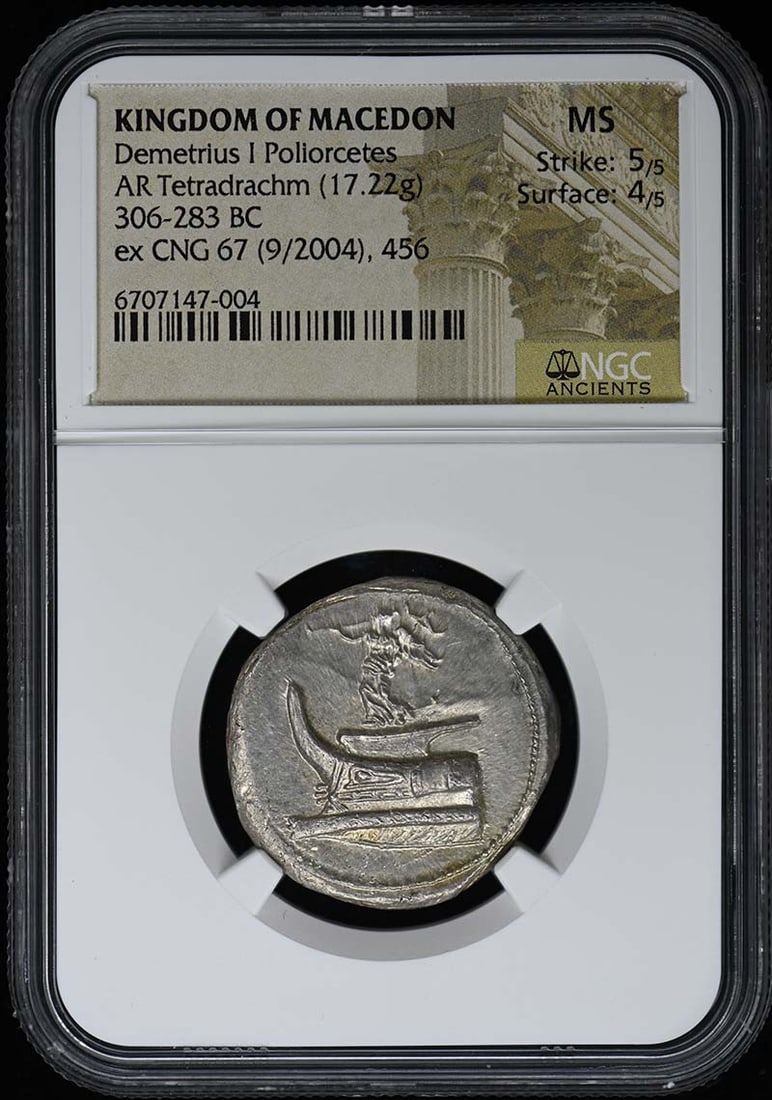 Demetrius I Poliorcetes Macedon Tetradrachm NGC MS Ancient Coin 17.22g: Demetrius I Poliorcetes Macedon Tetradrachm NGC MS Ancient Coin 17.22g This ancient Greek Tetradrachm features Demetrius I Poliorcetes, an important historical figure from the Kingdom of Macedon. Weig