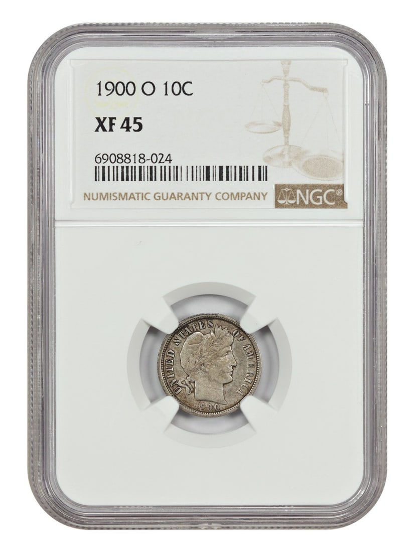 NGC XF45 1900-O Barber Dime New Orleans Mint Certified 10C Coin: NGC XF45 1900-O Barber Dime New Orleans Mint Certified 10C Coin This is a 1900-O Barber Dime graded XF45 by NGC. Minted in New Orleans, this circulated coin is part of the Barber Dime series and is co