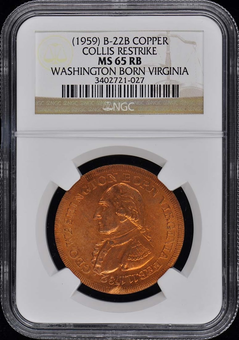 1959 B-22B Collis Copper Coin NGC MS65RB Certified: 1959 B-22B Collis Copper Coin NGC MS65RB Certified This 1959 B-22B Collis Restrike Copper coin features a high-grade MS65RB certification from NGC, indicating its uncirculated status. The coin is pre-