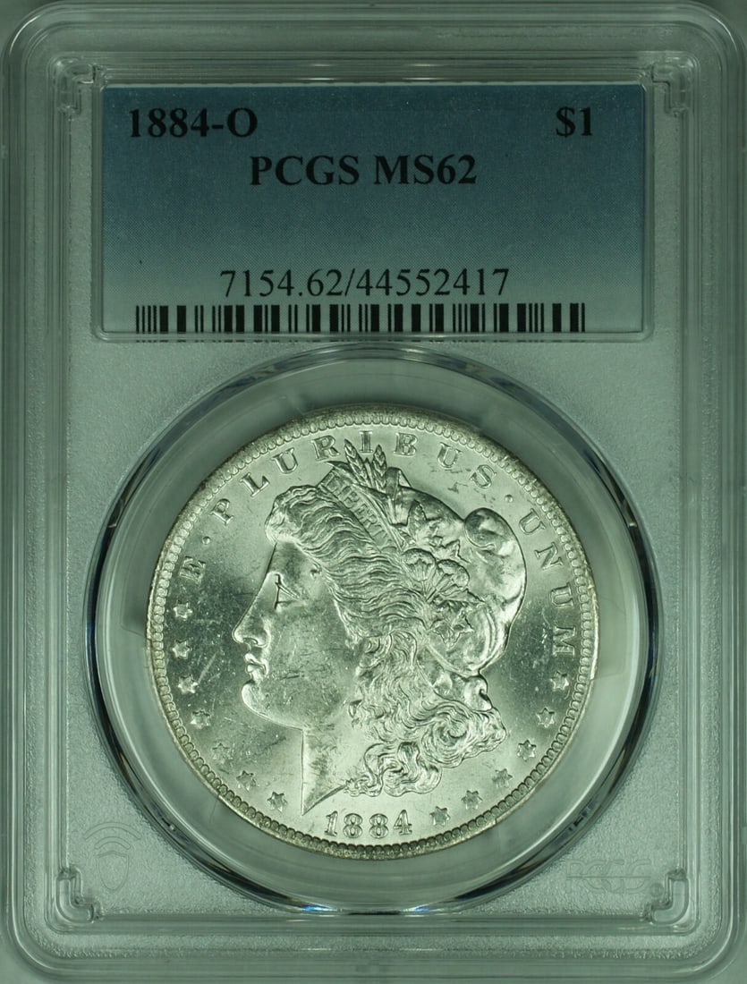 PCGS MS62 1884-O Morgan Dollar Silver $1 Coin New Orleans Mint: PCGS MS62 1884-O Morgan Dollar Silver $1 Coin New Orleans Mint This 1884-O Morgan Silver Dollar coin is certified by PCGS with a grade of MS-62. Struck at the New Orleans Mint, it is composed of silve