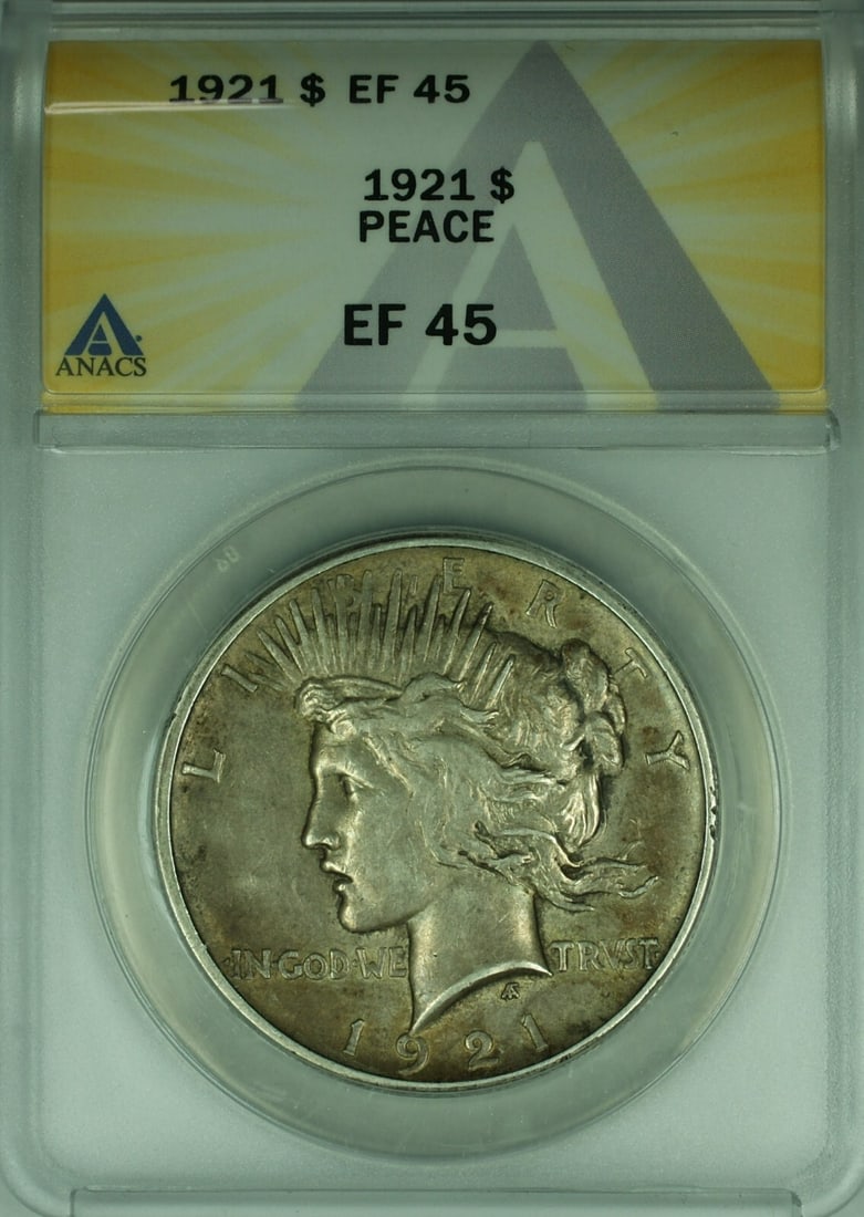 1921 Peace Dollar Silver Coin ANACS EF-45 Philadelphia Certified: 1921 Peace Dollar Silver Coin ANACS EF-45 Philadelphia Certified This is a 1921 Peace Silver Dollar graded EF-45 by ANACS. Minted in Philadelphia, this circulated coin is composed of silver and carrie