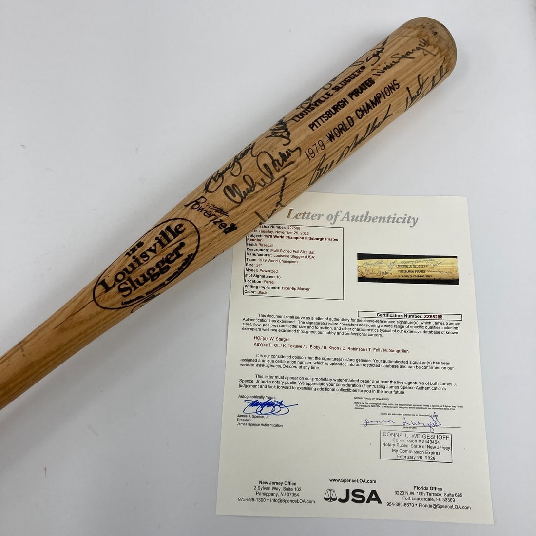 1979 Pittsburgh Pirates Team Signed Bat with JSA COA: 1979 Pittsburgh Pirates Team Signed Bat with JSA COA Celebrate the legacy of the 1979 Pittsburgh Pirates with this team-signed baseball bat, commemorating their World Series Championship. This Louisvi