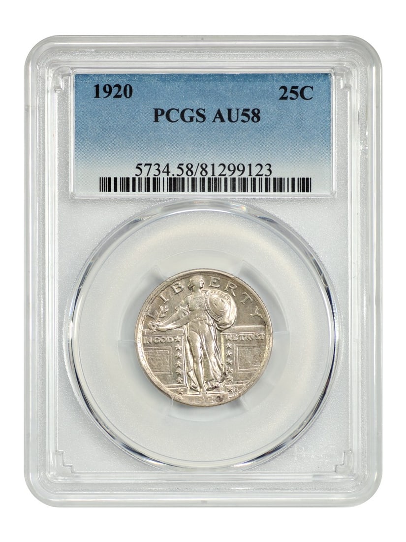 1920 Standing Liberty Quarter 25C PCGS AU58 Certified: 1920 Standing Liberty Quarter 25C PCGS AU58 Certified This 1920 Standing Liberty Quarter features a circulation grade of AU58, certified by PCGS with the certification number 81299123. Struck at the P