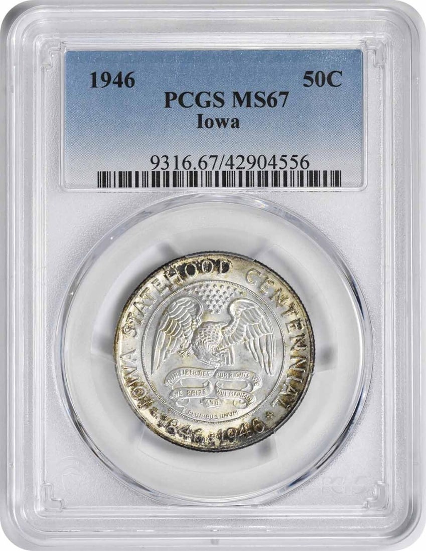 1946 Iowa Silver Half Dollar MS67 Graded by PCGS Commemorative Coin: 1946 Iowa Silver Half Dollar MS67 Graded by PCGS Commemorative Coin This Iowa Commemorative Half Dollar from 1946 is struck in 90% silver and 10% copper. Graded MS67 by PCGS, it is uncirculated and fe