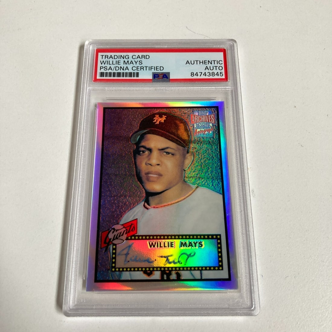 1952 Topps Willie Mays Rookie Card Signed PSA DNA & 2001 Refractor: 1952 Topps Willie Mays Rookie Card Signed PSA DNA & 2001 Refractor This is a 1952 Topps Willie Mays rookie card, autographed by the legendary baseball player himself. The card is a part of the 2001 To