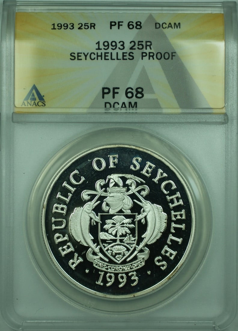 Seychelles 1993 25 Rupees Proof Silver Coin ANACS PR68 Deep Cameo: Seychelles 1993 25 Rupees Proof Silver Coin ANACS PR68 Deep Cameo This 1993 Seychelles 25 Rupees proof coin is composed of 0.925 fine silver and was struck to commemorate the First French landing on t