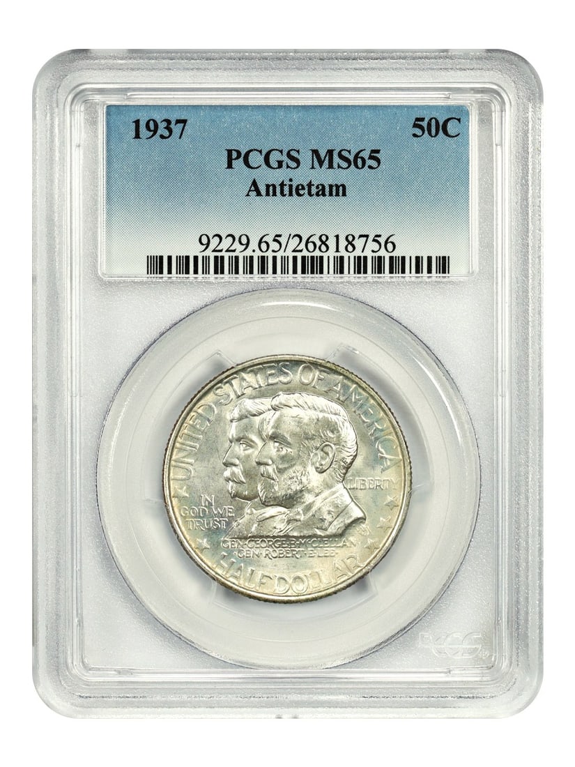 1937 50C Antietam PCGS MS65 Classic Silver Commemorative Low Mintage: 1937 50C Antietam PCGS MS65 Classic Silver Commemorative Low Mintage This 1937 50C Antietam Classic Silver Commemorative coin is an uncirculated piece certified by PCGS with a grade of MS65. It commem