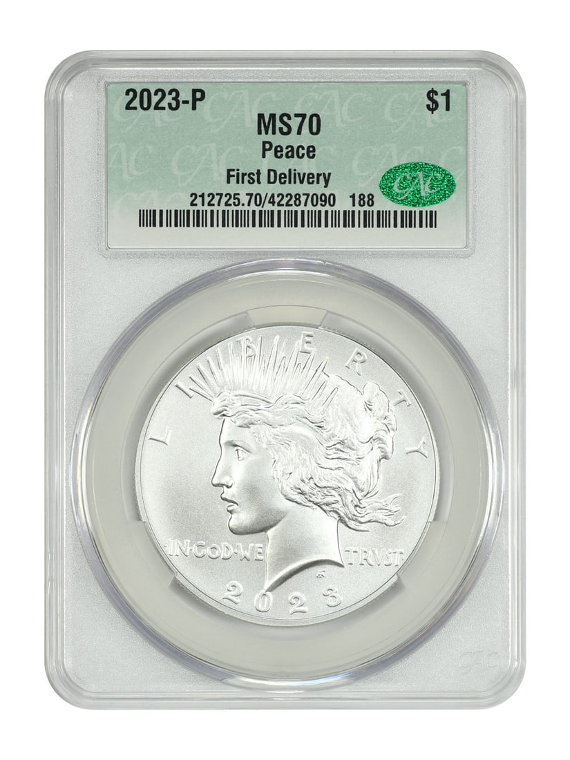 CACG MS70 2023 Philadelphia Peace Dollar First Delivery Silver Coin: CACG MS70 2023 Philadelphia Peace Dollar First Delivery Silver Coin This 2023-P Peace Dollar is a modern commemorative coin graded MS70 by CACG, indicating a perfect uncirculated condition. Struck in