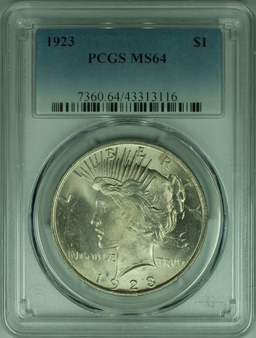 PCGS MS-64 1923 Peace Silver Dollar Uncirculated $1 Coin: PCGS MS-64 1923 Peace Silver Dollar Uncirculated $1 Coin This is a 1923 Peace Silver Dollar coin from the United States, minted in Philadelphia. Certified by PCGS with a grade of MS-64, this uncircula