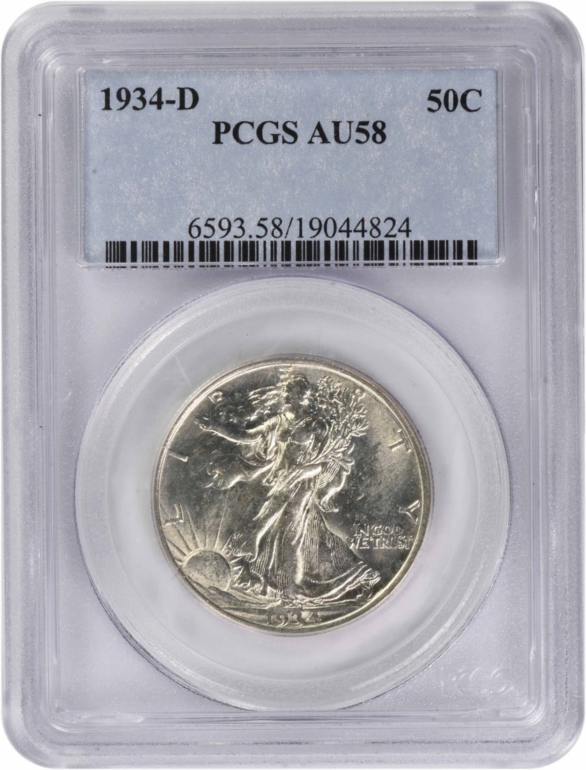 AU58 PCGS 1934-D Liberty Walking Silver 50C Half Dollar: AU58 PCGS 1934-D Liberty Walking Silver 50C Half Dollar This 1934-D Walking Liberty Silver Half Dollar is graded AU58 by PCGS. Struck at the Denver Mint, this pre-owned coin is composed of silver and
