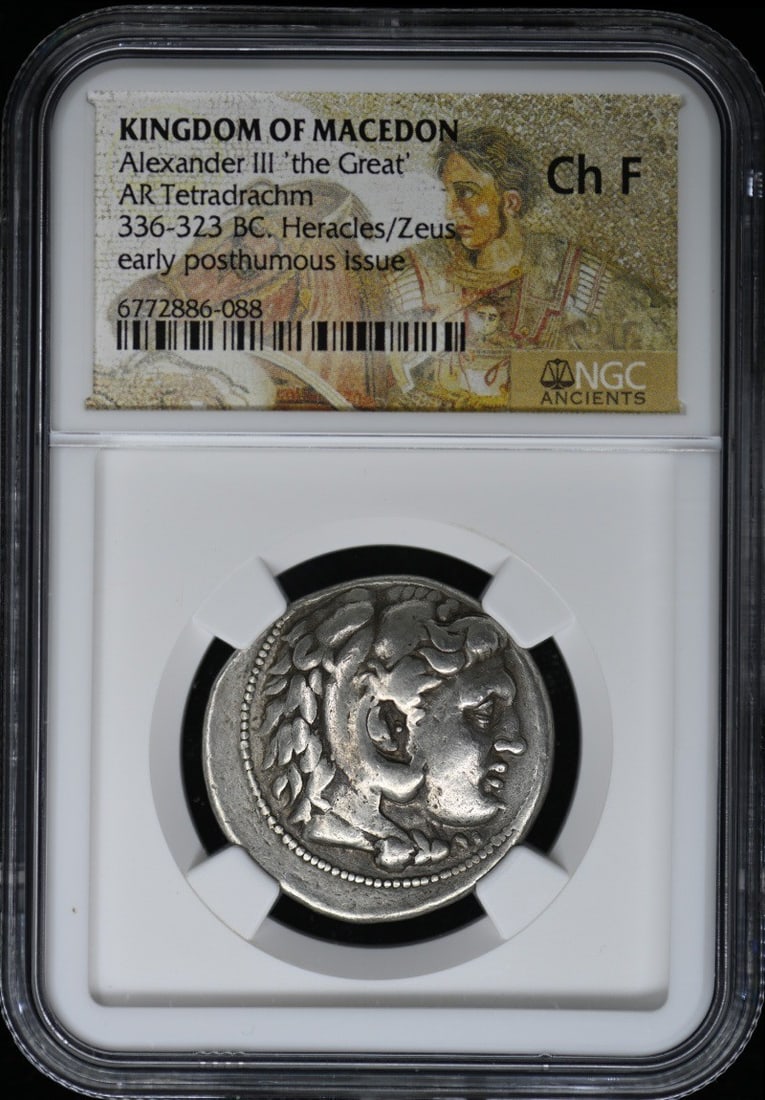 Alexander III Macedon AR Tetradrachm NGC Certified F15: Alexander III Macedon AR Tetradrachm NGC Certified F15 This ancient Greek AR Tetradrachm features Alexander III, commonly known as Alexander the Great, from the Kingdom of Macedon. The coin is certifi