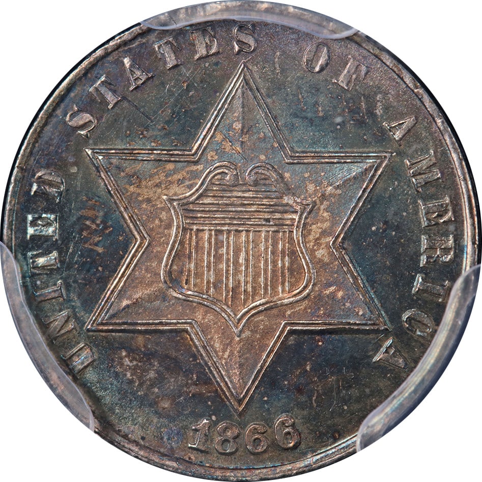 1866 Three Cent Silver Coin PCGS MS65 Key Date Superb Eye Appeal: 1866 Three Cent Silver Coin PCGS MS65 Key Date Superb Eye Appeal This stunning 1866 Three Cent Silver coin is certified by PCGS with a grade of MS65, showcasing superb eye appeal. The coin features fa