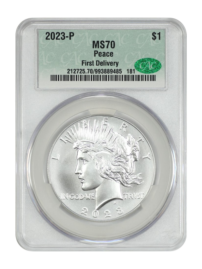 2023 Philadelphia Peace Dollar CACG Graded MS70 First Delivery: 2023 Philadelphia Peace Dollar CACG Graded MS70 First Delivery This is a 2023-P Peace Dollar with a denomination of $1, certified by CACG and graded MS70, indicating an uncirculated coin in pristine c