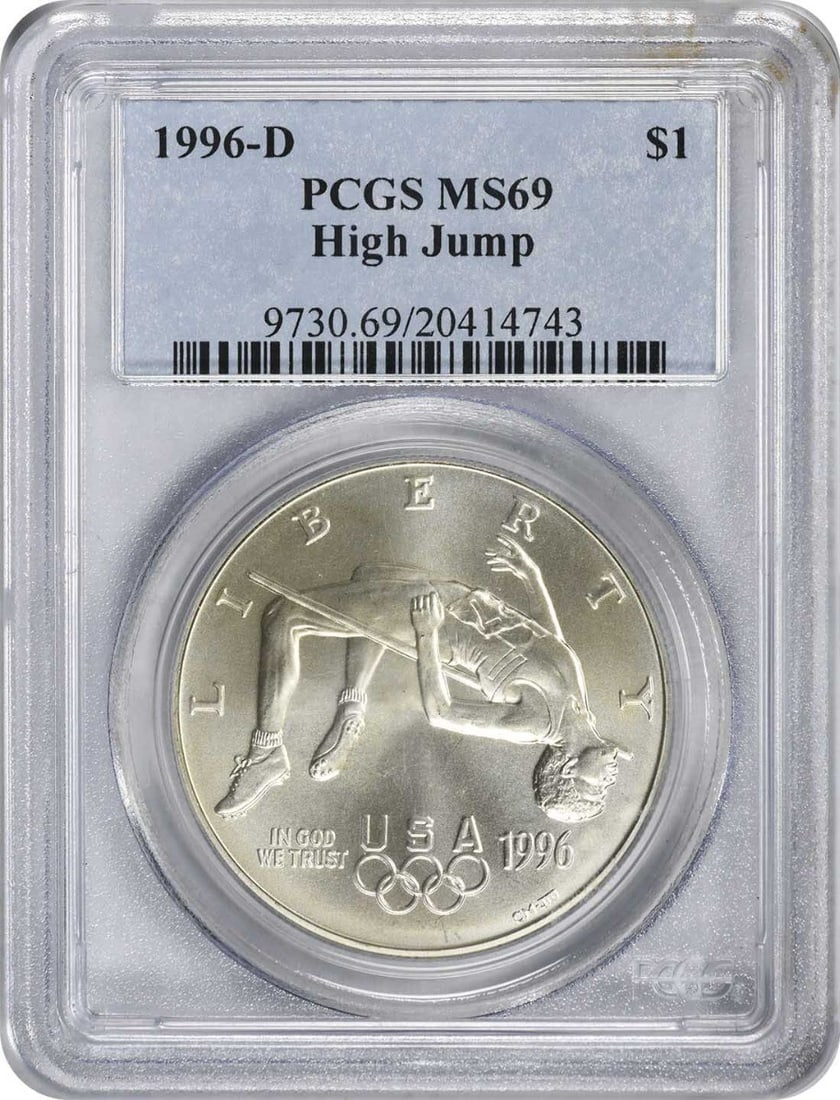 1996-D Olympic High Jump Silver Commemorative Dollar MS69 PCGS: 1996-D Olympic High Jump Silver Commemorative Dollar MS69 PCGS Celebrate the spirit of athletic achievement with this 1996-D High Jump Olympic Silver Commemorative Dollar. Graded as MS69 by PCGS, this