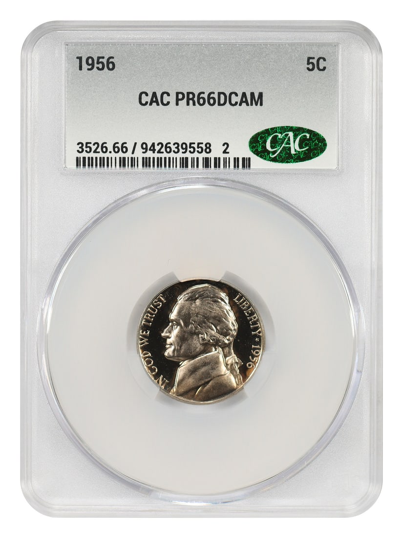1956 Jefferson Nickel CACG PR66DCAM Proof Five Cent Coin: 1956 Jefferson Nickel CACG PR66DCAM Proof Five Cent Coin This is a 1956 Jefferson Nickel with a denomination of 5 cents, graded PR66 Deep Cameo (DCAM) by CACG. It is an uncirculated proof coin struck