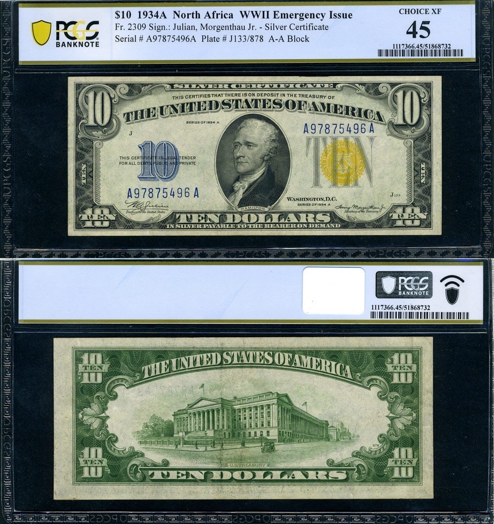 1934-A $10 North Africa Silver Certificate A-A Block PCGS XF45: 1934-A $10 North Africa Silver Certificate A-A Block PCGS XF45 This is a 1934-A $10 Silver Certificate from the North Africa series, featuring the A-A block. Certified by PCGS as Choice XF45, this cir
