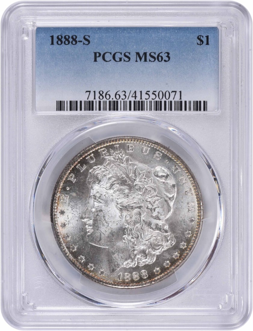 1888-S Morgan Silver Dollar MS63 PCGS Uncirculated Coin: 1888-S Morgan Silver Dollar MS63 PCGS Uncirculated Coin This stunning 1888-S Morgan Silver Dollar is graded MS63 by PCGS, ensuring its exceptional quality and preservation. Struck in 90% silver and 10