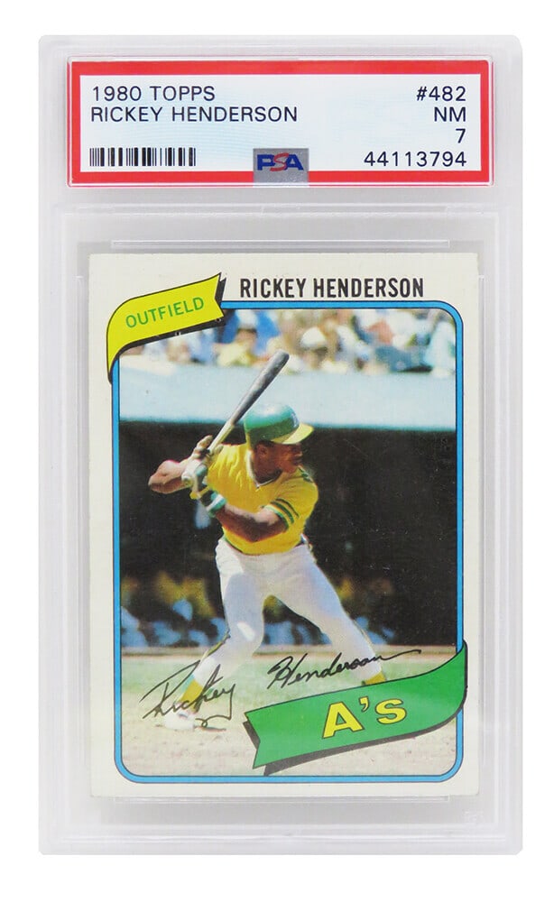 1980 Topps Rickey Henderson Rookie Card #482 PSA 7 Oakland A's: 1980 Topps Rickey Henderson Rookie Card #482 PSA 7 Oakland A's This listing features a Rickey Henderson rookie card from the 1980 Topps Baseball set, card number 482. The card, representing the legend