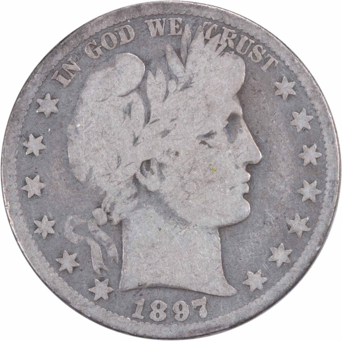 1897 New Orleans Barber Half Dollar 90 Percent Silver Circulated Uncertified: 1897 New Orleans Barber Half Dollar 90 Percent Silver Circulated Uncertified This 1897-O Barber Half Dollar is a circulated coin minted in New Orleans. Composed of 90% silver and 10% copper, it featur