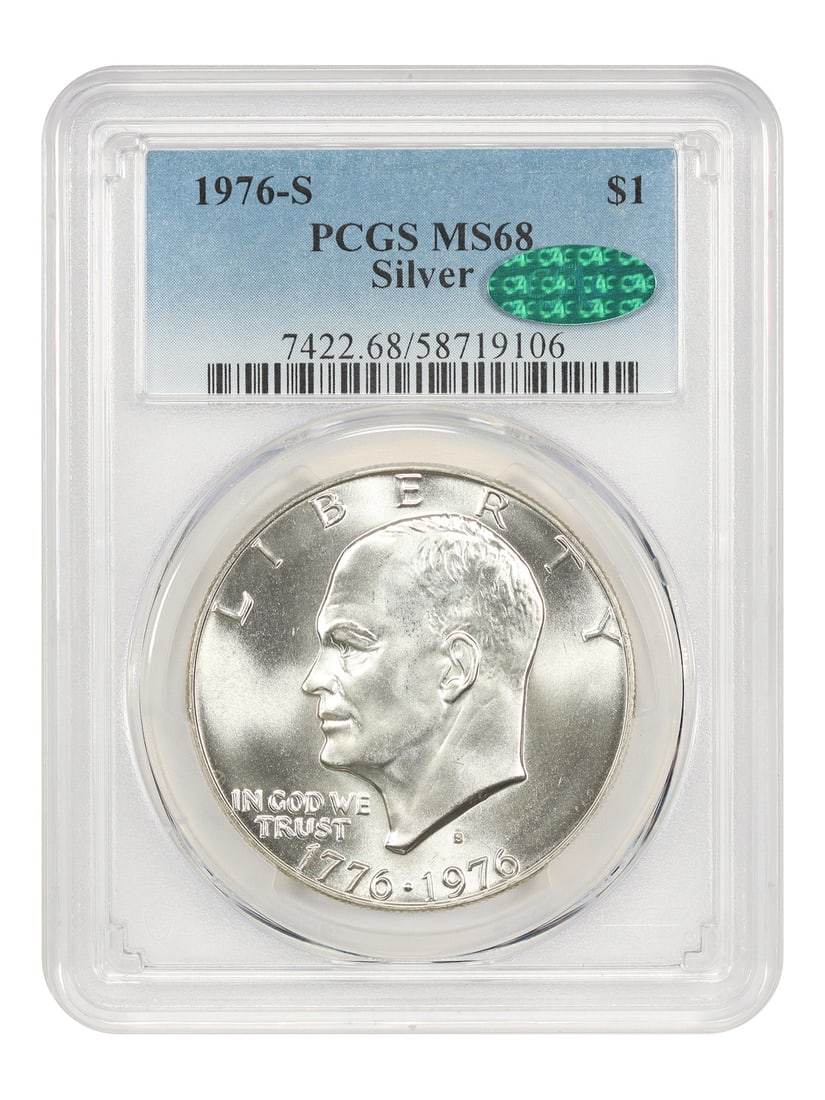 PCGS CAC MS68 Silver 1976-S Eisenhower Dollar Uncirculated: PCGS CAC MS68 Silver 1976-S Eisenhower Dollar Uncirculated This 1976-S Ike Dollar is a silver $1 coin certified by PCGS with a CAC sticker and graded MS68. It features frosty, lustrous, and virtually