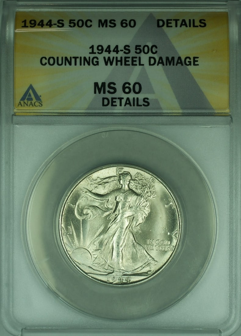 1944-S Liberty Walking Half Dollar Silver 50C ANACS MS-60 Plus Counting Damage: 1944-S Liberty Walking Half Dollar Silver 50C ANACS MS-60 Plus Counting Damage This is a 1944-S Walking Liberty Silver Half Dollar, graded MS-60 by ANACS. The coin was minted in San Francisco and feat