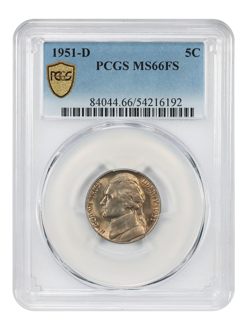 1951-D Jefferson Nickel PCGS MS66FS Certified Five Cent Coin: 1951-D Jefferson Nickel PCGS MS66FS Certified Five Cent Coin This is a 1951-D Jefferson Nickel graded MS66FS by PCGS. The coin is uncirculated and features the Full Steps (FS) designation, indicating