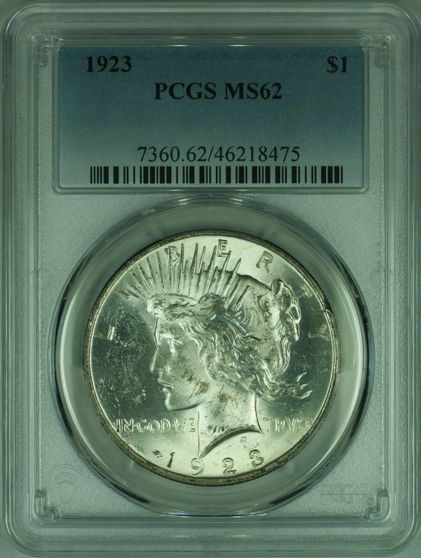 PCGS MS62 1923 Peace Dollar Silver Coin Philadelphia Mint: PCGS MS62 1923 Peace Dollar Silver Coin Philadelphia Mint This 1923 Peace Silver Dollar is an uncirculated coin graded MS-62 by PCGS. It was minted in Philadelphia and is composed of 90% silver. The c
