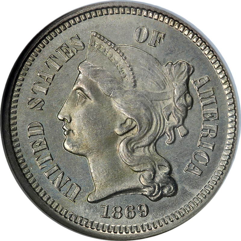 1869 Three Cent Nickel Proof Coin NGC PF66 Exceptional Luster: 1869 Three Cent Nickel Proof Coin NGC PF66 Exceptional Luster This 1869 Three Cent Nickel Proof coin is certified by NGC with a grade of PF66, indicating a high-quality, uncirculated example. The coin