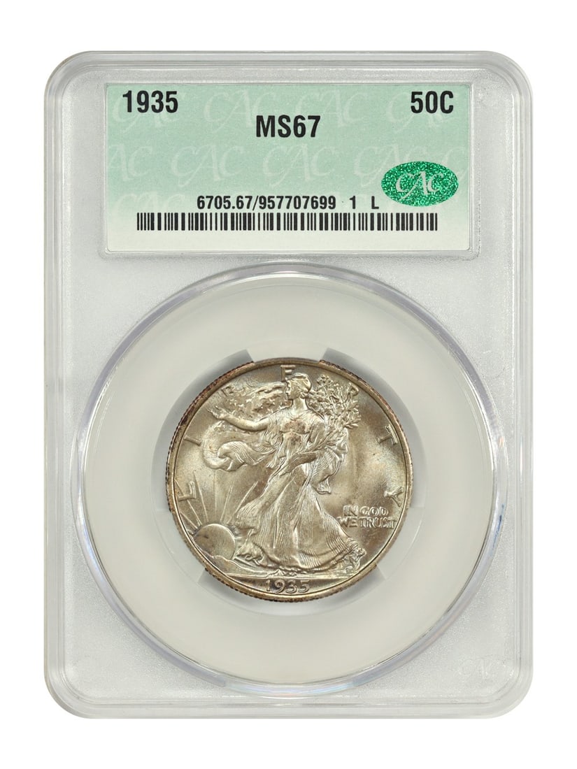 Uncirculated 1935 Walking Liberty Half Dollar 50C CACG Graded MS67: Uncirculated 1935 Walking Liberty Half Dollar 50C CACG Graded MS67 This 1935 Walking Liberty Half Dollar is an uncirculated coin graded MS67 by CACG, featuring exceptional color and original mint lust