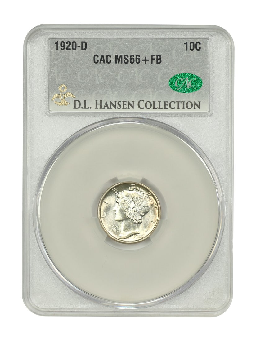 1920-D Mercury Dime CACG MS66+FB D.L. Hansen Collection: 1920-D Mercury Dime CACG MS66+FB D.L. Hansen Collection This 1920-D Mercury Dime is certified by CACG with a grade of MS66+FB, indicating its high quality and striking detail. The coin, minted in Denv