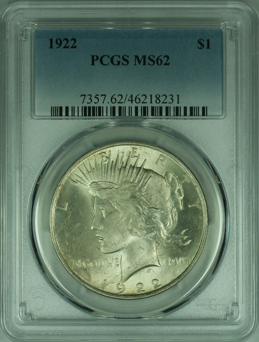 PCGS MS62 1922 Peace Dollar Uncirculated Philadelphia Mint Silver Coin: PCGS MS62 1922 Peace Dollar Uncirculated Philadelphia Mint Silver Coin This is a 1922 Peace Silver Dollar graded MS-62 by PCGS. The coin is composed of 90% silver and was minted in Philadelphia. It is