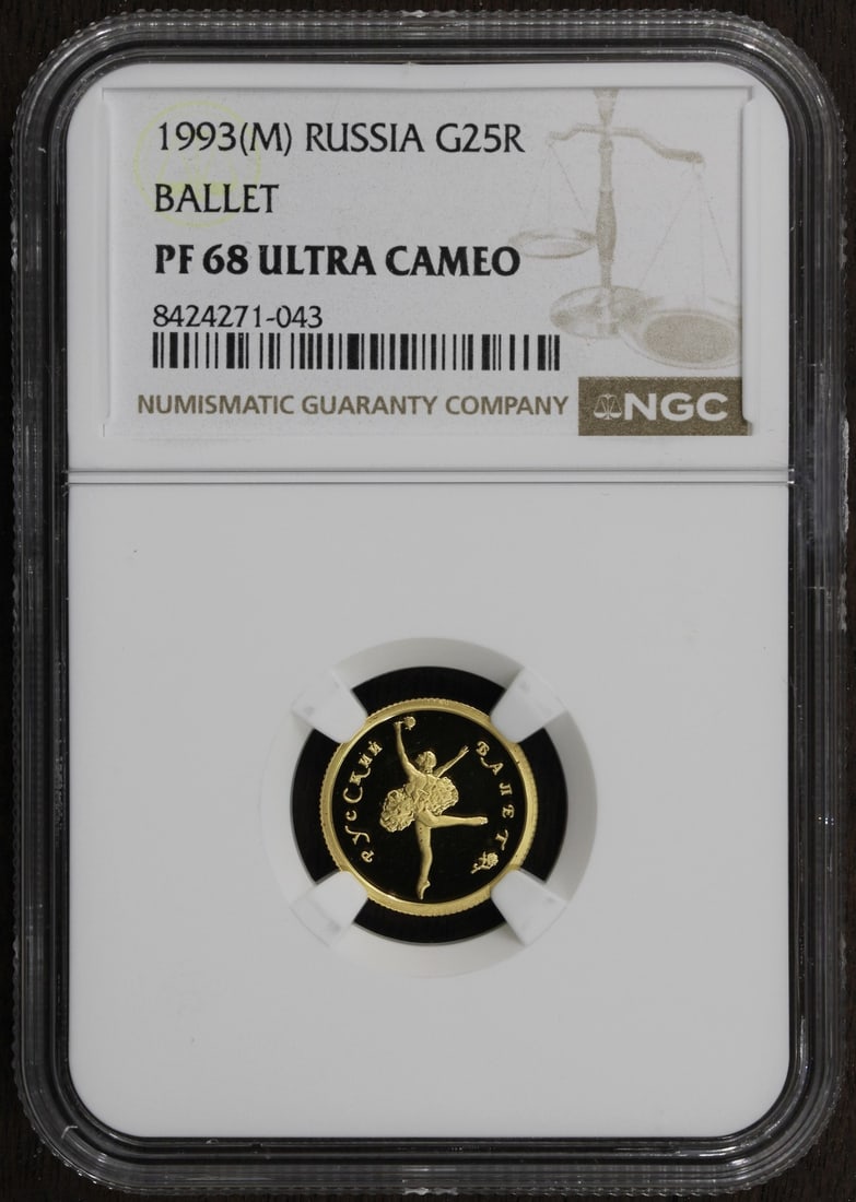 Russia 1993 25 Rouble 1/10 oz Gold Ballet Coin NGC PF68: Russia 1993 25 Rouble 1/10 oz Gold Ballet Coin NGC PF68 This 1993 Russian 25 Rouble coin features a ballet design and is struck in 1/10 oz gold. It is graded PF68 (Proof 68) by NGC, indicating a high-