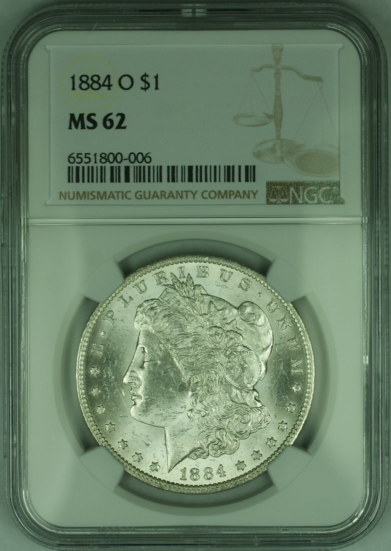 NGC MS 62 1884-O Morgan Silver Dollar Uncirculated New Orleans Mint: NGC MS 62 1884-O Morgan Silver Dollar Uncirculated New Orleans Mint This is an 1884-O Morgan Silver Dollar coin graded MS-62 by NGC. Struck at the New Orleans Mint, this uncirculated $1 coin is compos