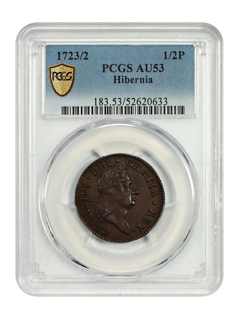 1723 Hibernia Halfpenny PCGS AU53 Colonial Coin: 1723 Hibernia Halfpenny PCGS AU53 Colonial Coin This 1723/2 Hibernia 1/2 Penny is a colonial coin graded AU53 by PCGS. It is designated BN, indicating a brown color, and is a circulated example from t