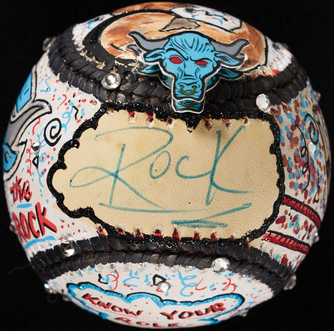 Dwayne Johnson Signed Fazzino Hand Painted 3D Art Baseball with BAS COA: Dwayne Johnson Signed Fazzino Hand Painted 3D Art Baseball with BAS COA This original hand-painted 3D art baseball is a unique collectible featuring the signatures of two notable figures: Dwayne "The